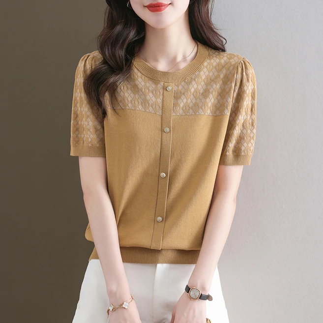 쁘띠꼬모 단추 장식 반팔 젤리 셔링 퍼프 소매 티셔츠