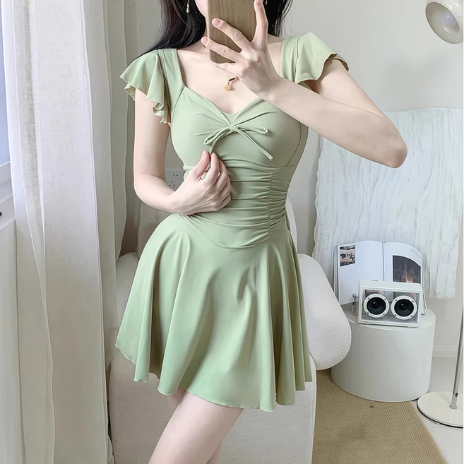 Kamoda 허리 주름 체형커버 원피스 수영복 A라인 모노키니, 그린