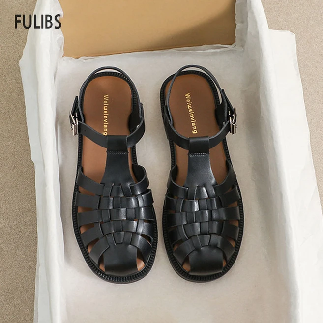 FULIBS 빅사이즈 여자 짜임 피셔맨 샌들 로마 샌들 통굽 슬링백 샌들