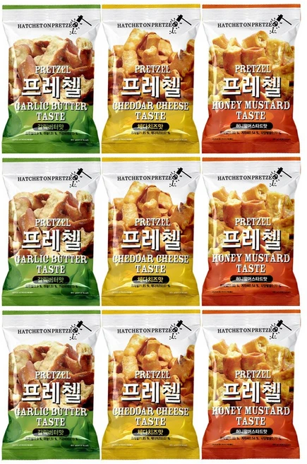 [푸드365마켓] 프레첼 3종, 1세트, 765g, 갈릭버터3개,체다치즈3개,허니머스타드3개