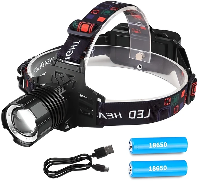 laderiveLED 충전식 헤드랜턴 1200루멘 신축식 집광 18650배터리*2 낚시 캠핑 등산 아웃도어 용품, 1세트, 블랙