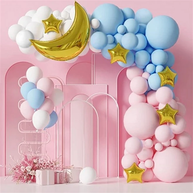 어린이집 유치원 파티룸 핑크 블루 브라이덜샤워 베이비샤워 파티장식 풍선세트 골드 문앤스타 - 손펌프포함, 1세트