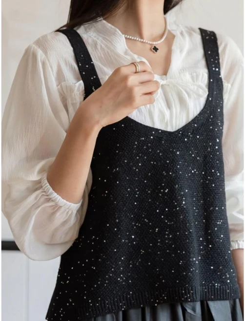 퀸올데이 레이어드 이너조끼 스팽글 끈조끼 니트조끼 끈나시 뷔스티에 베스트 봄 가을 겨울