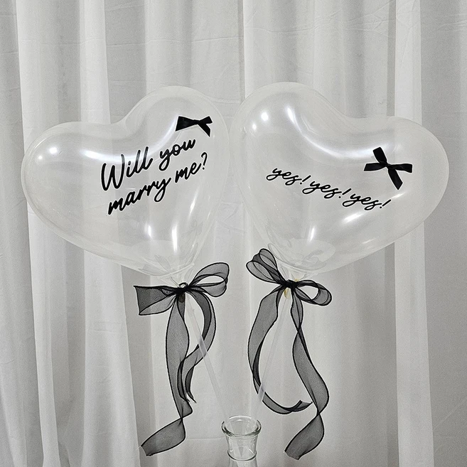 올리브파티 프로포즈 윌유메리미 하트 풍선 세트 셀프 웨딩 촬영 소품, 1세트, 투명풍선블랙리본