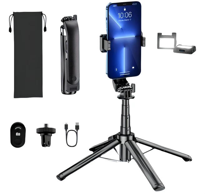 휴대폰 셀카봉 일체형 편리한 휴대 LED 뷰티 보광등 삼각대 사각대 GoPro 거치대 무선 블루투스 충전 스마트 리모컨, P07-블랙, 1개