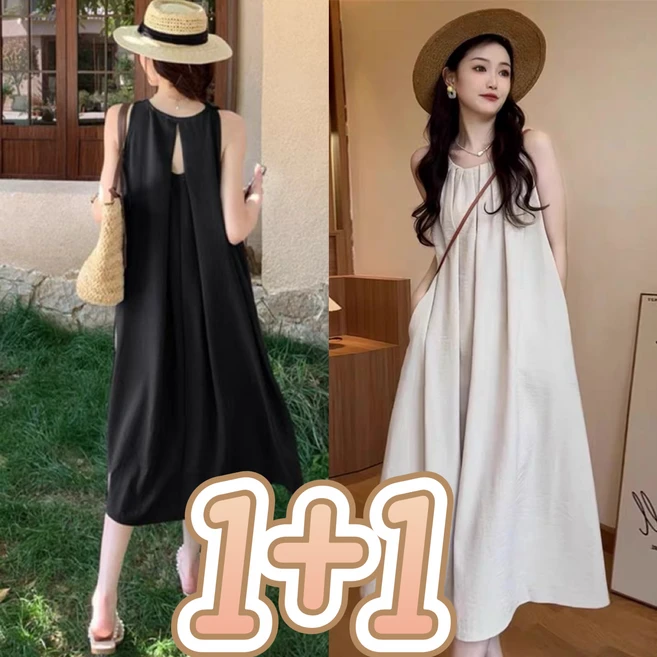 BIKASU 여성 여름 휴양지원피스 빅사이즈 캐주얼 나시원피스 1+1