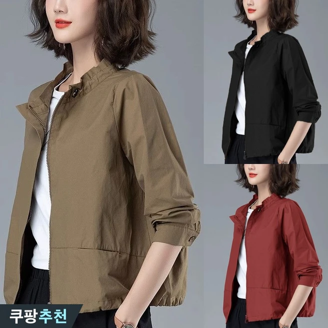 85kg까지 날씬해보이는 여성 무지 심플 집업 바람막이 캐주얼 트렌치 코트 자켓 봄 가을 편안 빅사이즈 순색 차이나 넥 중년여성 엄마 숏 크롭 큰옷 3xl 베이직 여자 점퍼 재킷