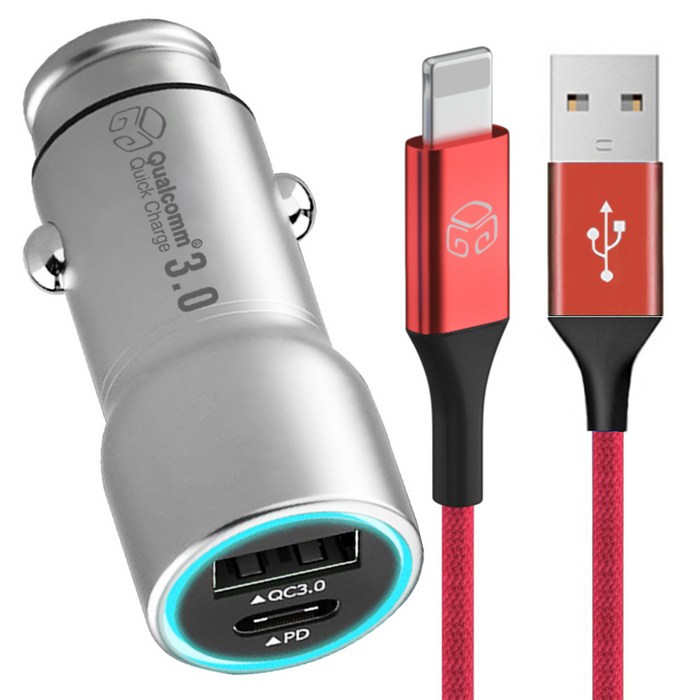 디지지 차량용 USB 앤 pd 듀얼시거잭 + 아이폰 8핀 컬러 고속 충전 케이블 1.2m, 시거잭(DGG-604), 케이블(DG-MC20), 리얼레드 대표 이미지 - 디지지 고속 충전 케이블 추천