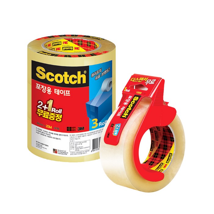 스카치 포장 테이프 투명 48mm x 25m 3625V 2+1 + 투명 48mm x 100m 3615R + 디스펜서, 혼합색상, 1세트 대표 이미지 - 포장 테이프 추천