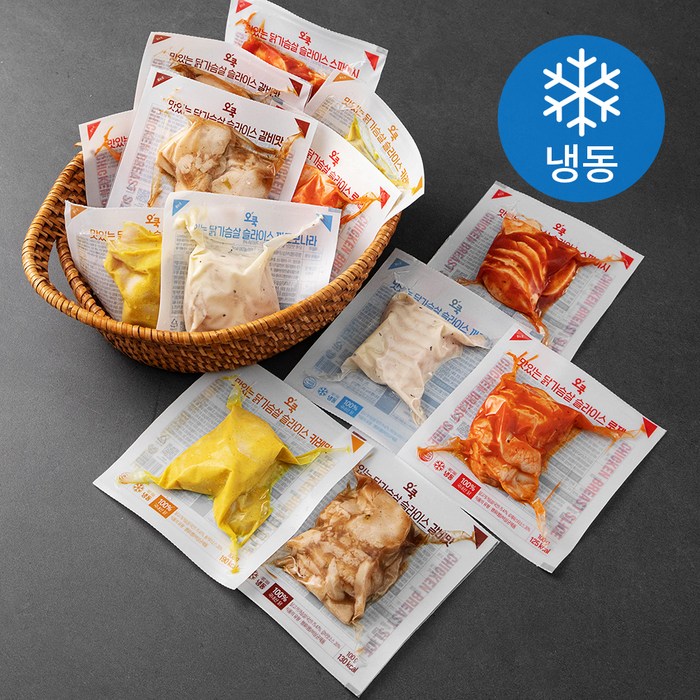 오쿡 슬라이스 닭가슴살 까르보나라맛 100g x 3팩 + 로제맛 100g x 3팩 + 스파이시맛 100g x 3팩 + 갈비맛 100g x 3팩 + 카레맛 100g x 3팩 (냉동), 1세트 대표 이미지 - 닭가슴살 소스 추천