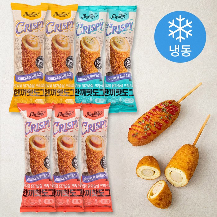 맛있닭 닭가슴살 크리스피 한끼핫도그 훈제 100g x 3팩 + 고추 100g x 2팩 + 매콤치즈 100g x 2팩 세트 (냉동), 1세트 대표 이미지 - 냉동 핫도그 추천