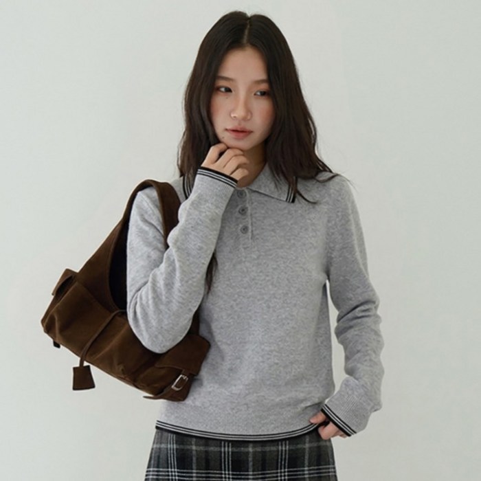 타니즈 여성용 티에른 배색 카라넥 긴팔 니트 티셔츠