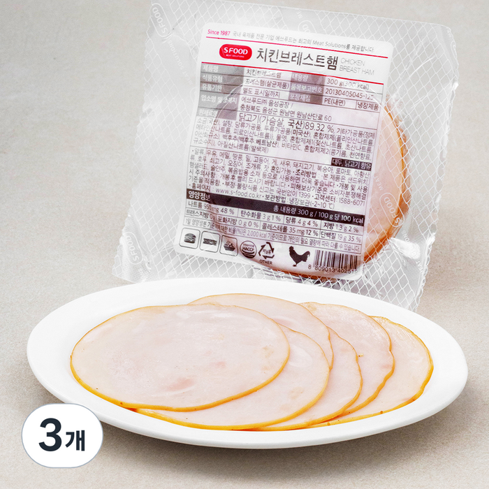 에쓰푸드 치킨브레스트햄, 300g, 3개 대표 이미지 - 닭가슴살 햄 추천