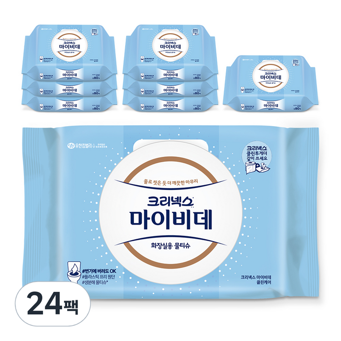 크리넥스 마이비데 클린케어 화장실용 물티슈 캡형, 80매, 24팩