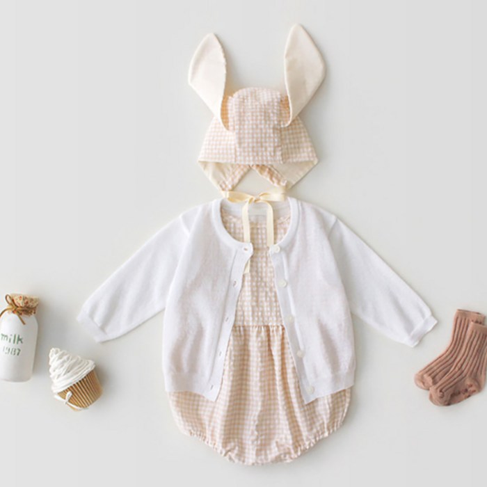 베베니즈 파스텔 체크 민소매 아기 수트 + 토끼 모자세트