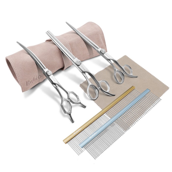 바비온 중급자용 반려동물 미용가위 M4 3종 + 가죽 케이스 + 연마 가죽 + 메탈 콤, 크림 베이지, 1세트 대표 이미지 - 커브가위 추천