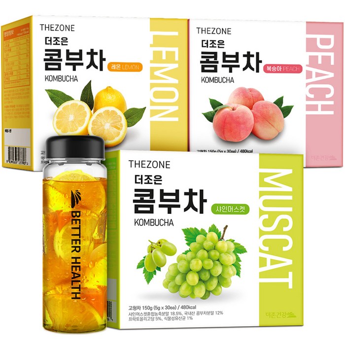 더존건강 더조은 콤부차 레몬 30p + 복숭아 30p + 샤인머스캣 30p + 전용보틀 500ml 세트, 1세트 대표 이미지 - 샤인머스캣 음료 추천