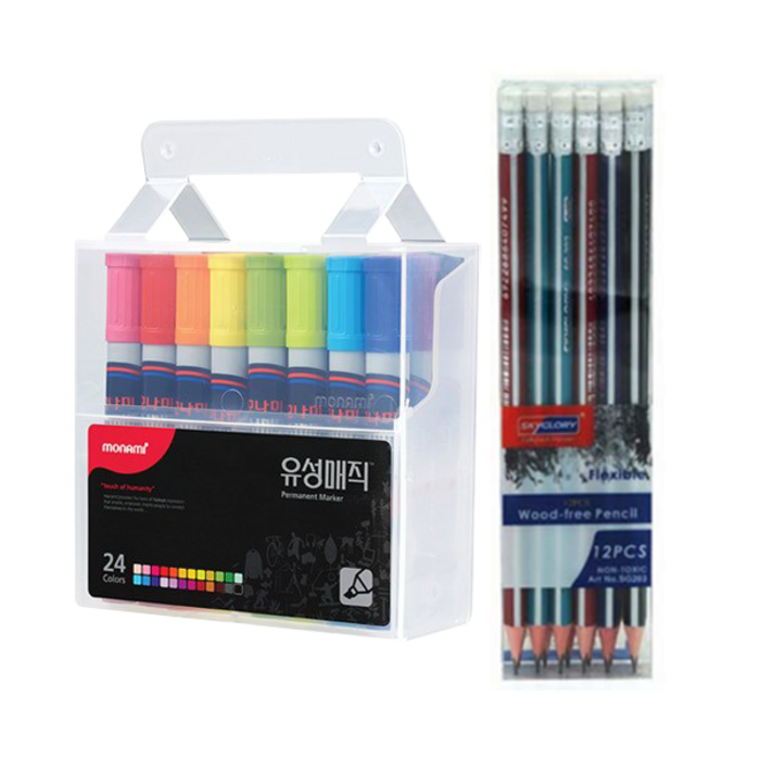모나미 NEW 사각 유성매직 24색 +스카이글로리 삼각지우개 연필 12p 세트, 혼합색상, 1세트 대표 이미지 - 모나미 추천
