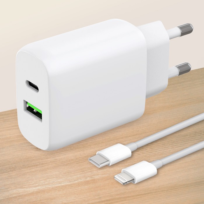 모잇 25W 2포트 PD 3.0 PPS 초고속 충전기  C to 8핀 라이트닝 케이블 1.3m 아이폰 호환, 화이트, 1개