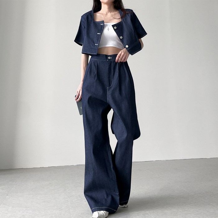 페이퍼먼츠 스퀘어넥 크롭 자켓  핀턱 팬츠 캐주얼 세트 10821