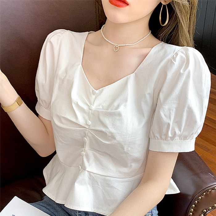쉐어몰 단추셔링 다이아몬드넥 블라우스 대표 이미지 - 반팔 블라우스 추천