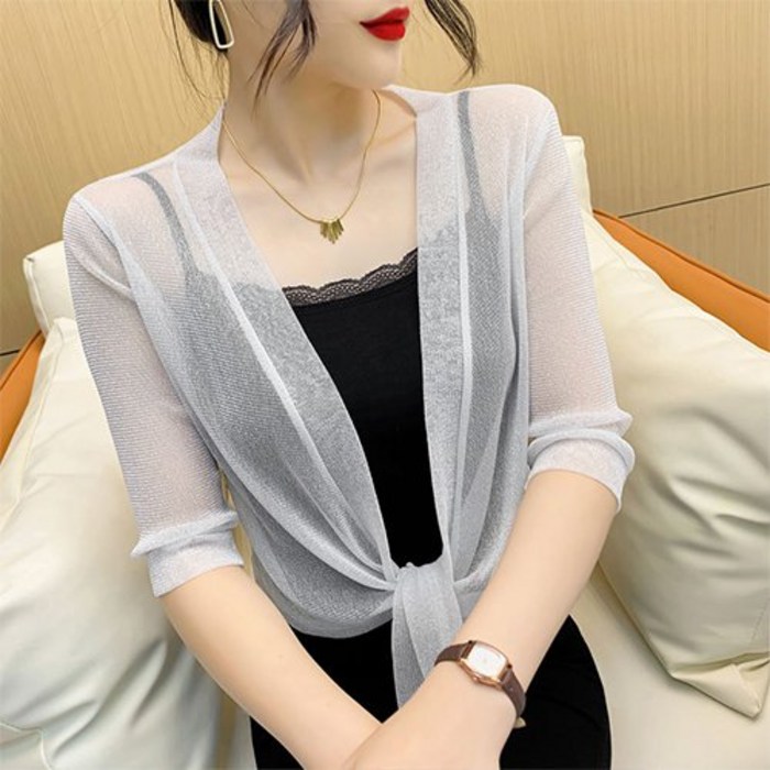 맙소샵 여성용 시스루펄 허리묶음 볼레로 가디건 RK1115 대표 이미지 - 흰색 가디건 추천