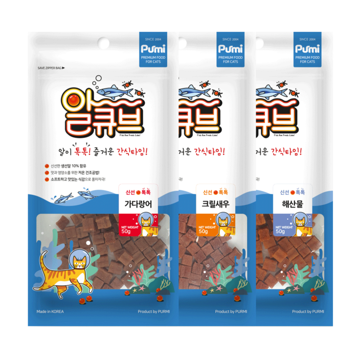 푸르미 알이톡톡 알큐브 고양이간식 50g x 3종 세트, 1세트, 가다랑어, 크릴새우, 해산물 대표 이미지 - 탐사 고양이 사료 추천