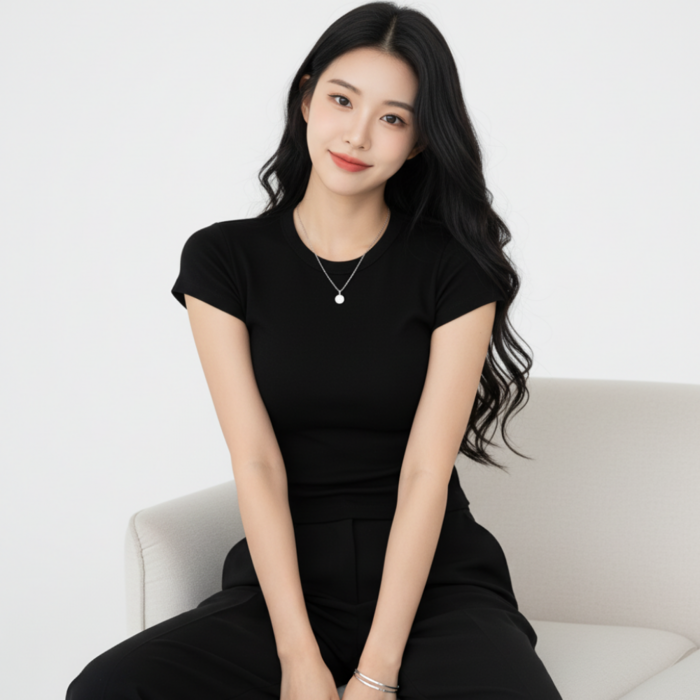 구디프 여성용 슬림핏 라운드넥 반팔 기본 티셔츠