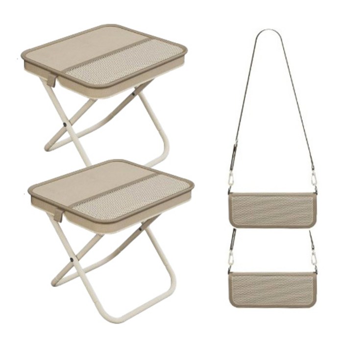 일상가 탄소강 휴대용 크로스백 파우치형 포켓형 초경량 캠핑 접이식 의자, 2개, 베이지
