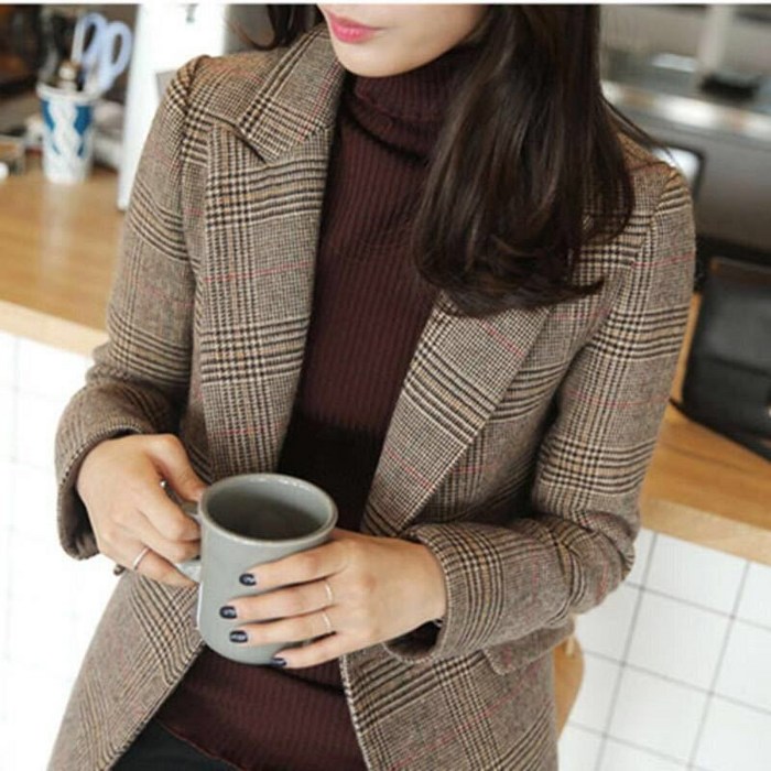 DFMEI 봄여름 신상품 패션 여성복류 Casual suit 가을 하이 엔드 거리 정장 재킷 여성 커피 컬러 격자 무늬 영국 스타일 캐주얼 패션 모직 정장 대표 이미지 - 봄여름 바람막이 추천