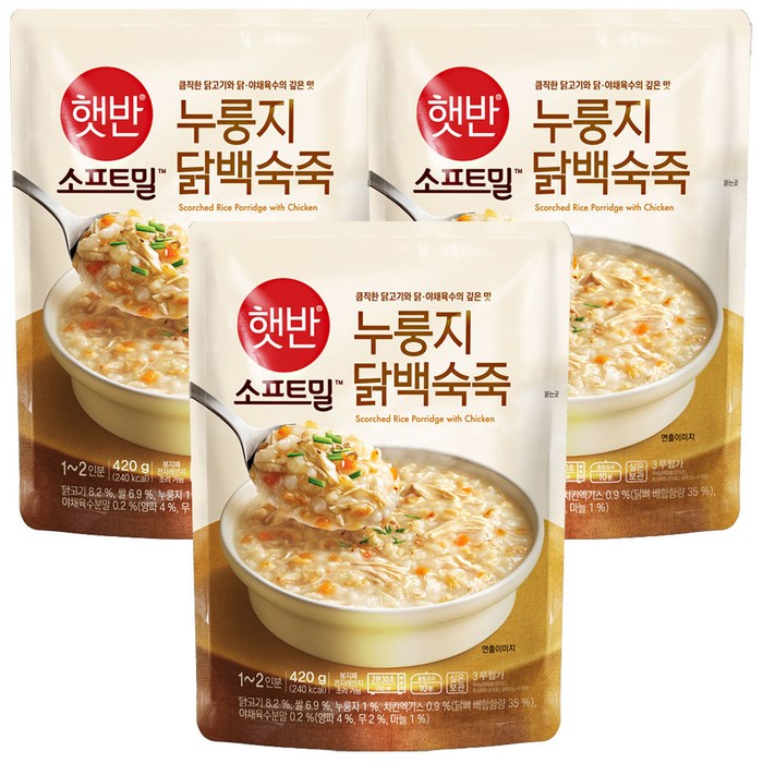 비비고 누룽지 닭백숙죽, 420g, 3개 대표 이미지 - 삼계죽 추천