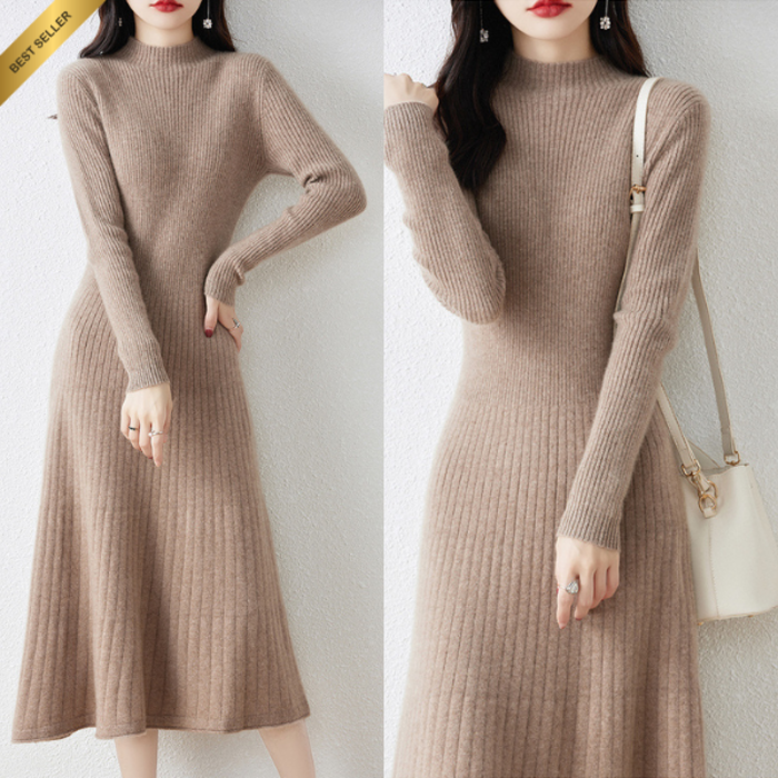 산들라 세미터틀넥 메리노울 니트 롱원피스 여성 겨울 봄 플레어핏 하객룩 데일리룩