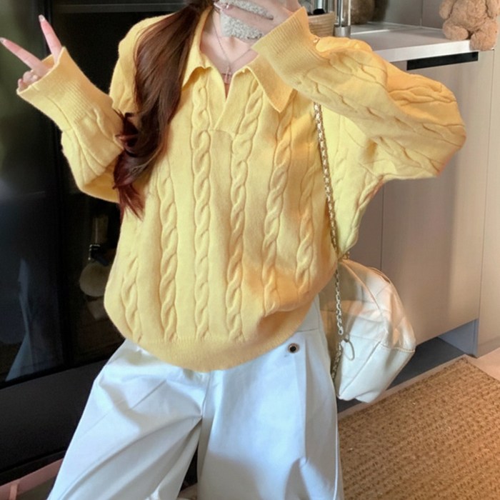 여성용 꽈배기 카라 브이넥 니트 봄 긴팔 티셔츠