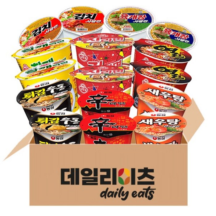 [데일리이츠] 농심 오뚜기 큰사발 8종 16개입(신라면2+새우탕2+튀김우동2+진매2+참깨2+열2)+(육개장사발2+김치사발2), 1세트 대표 이미지 - 점보 도시락 라면 추천