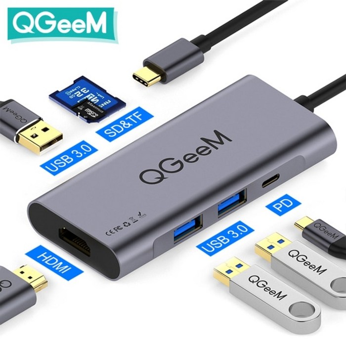 USB Macbook Pro Multi용 QGeeM C 허브 3.1 허브 유형 C 3.0 허브 iPad Pro OTG 분배기 충전용 HDMI PD 어댑터 C Dock, 협동사, 7 포트 허브 합금 대표 이미지 - 7포트 HDMI 멀티포트 허브 추천