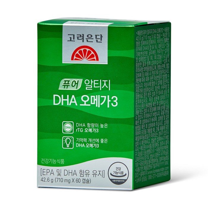 고려은단 퓨어 알티지 DHA 오메가3 42.6g (710mg x 60캡슐), 60캡슐, 10개 대표 이미지