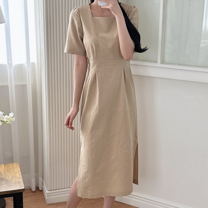 이푼아이 린넨 양트임 스퀘어넥 반팔 롱 미니 원피스