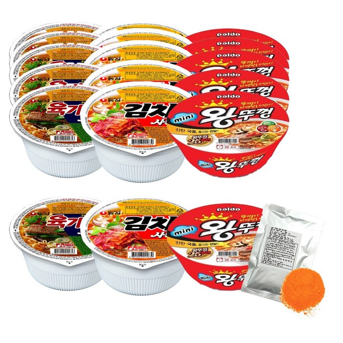 농심 육개장사발면 소컵 6입+ 김치사발면 소컵 6입+ 팔도 미니왕뚜겅 6입 + 워킹맘's 떡볶이 소스 50g 1개, 육개장6+김치사발6+미니왕뚜껑6+떡볶이소스1 대표 이미지 - 팔도 라면 추천