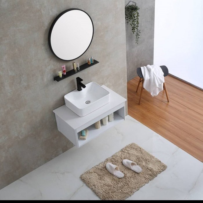 욕실 간이 싱크대 세트 대리석 가정용 알루미늄 욕실 캐비닛 벽걸이 형 세면대, 카운터분지위의90x46흰색개