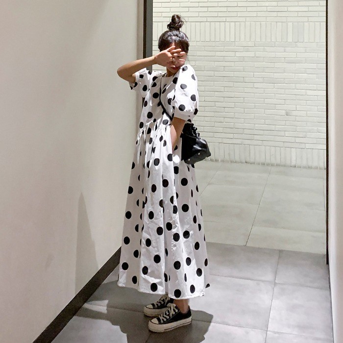 떳다그녀 레나스 도트 롱 원피스 대표 이미지 - 땡땡이 원피스 추천