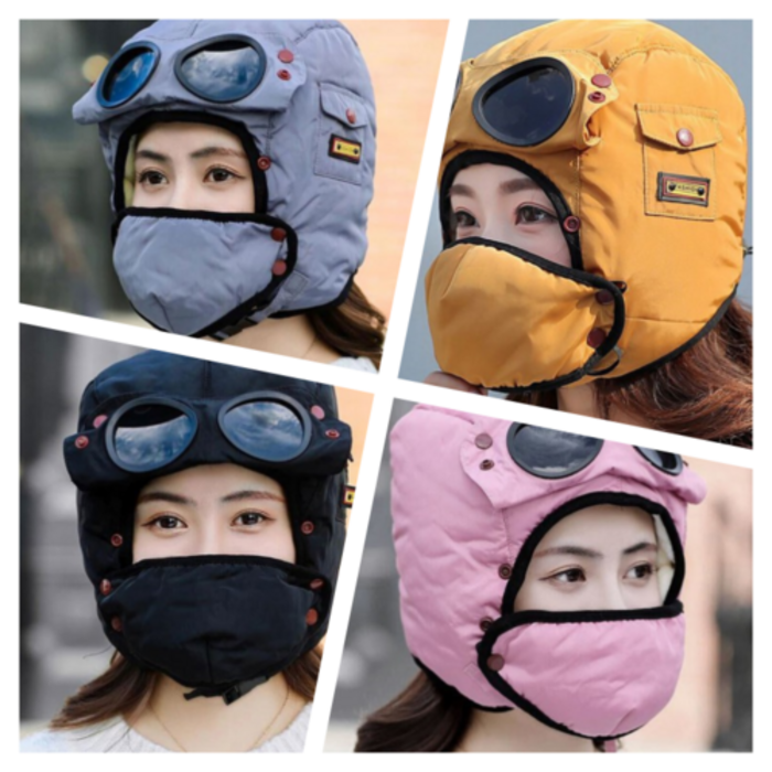스키장 남녀공용 마스크+고글 방풍 방한용품 끈조절 프리사이즈 레트로 방한모자 핑크