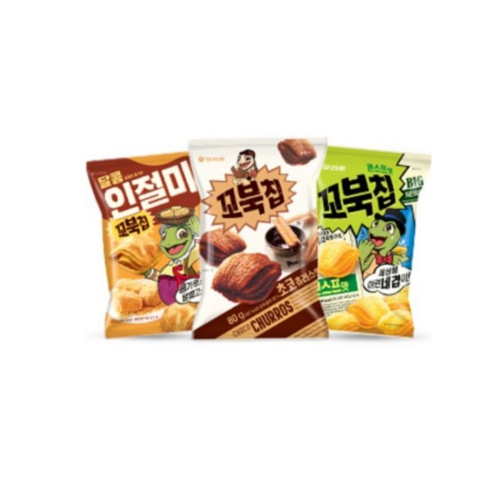 유앤아이 오리온 꼬북칩 세트 초코츄러스맛 80g 2봉지+인절미맛80g 2봉+콘스프맛 80g 2봉 대표 이미지 - 봉지과자 추천