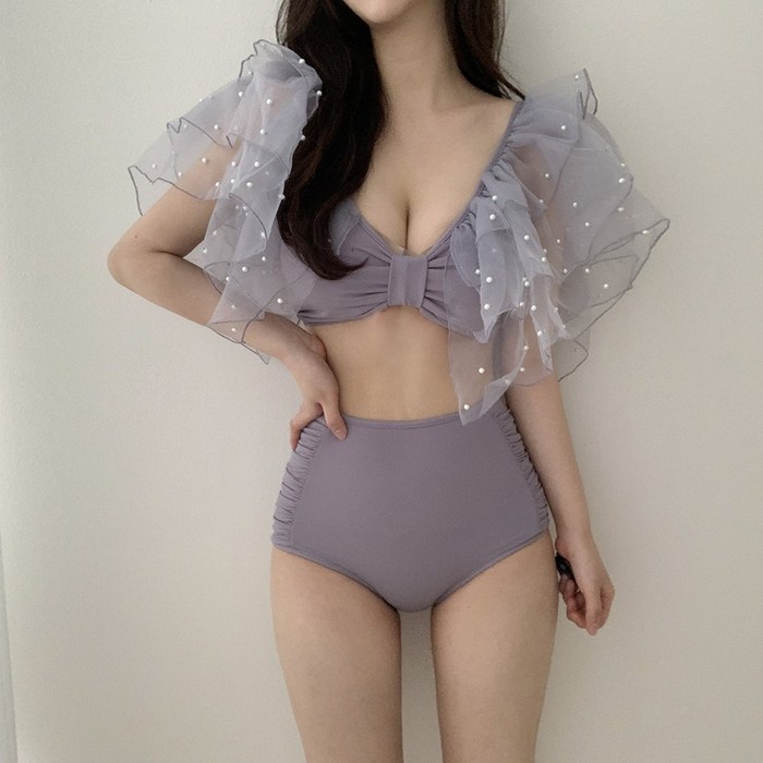 VANANA2 여성 로맨틱 화려한 어깨 프릴 레이스 페어리 펄 진주 비키니 수영복, 그레이 대표 이미지 - 야한 수영복 추천