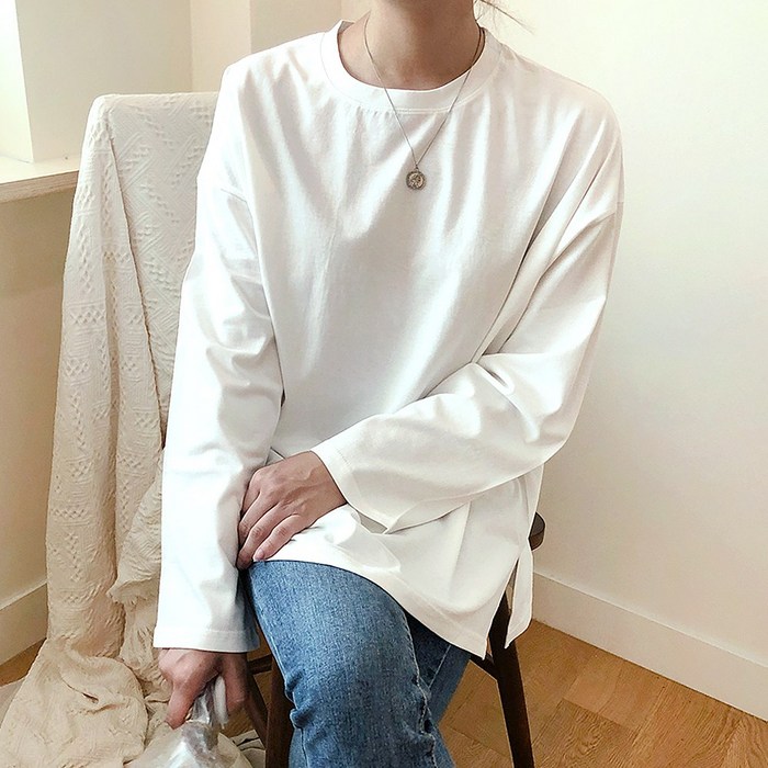 커밍투유 여자 바이오워싱 옆트임 티셔츠 긴팔 대표 이미지 - 여자 기본 라운드티 추천