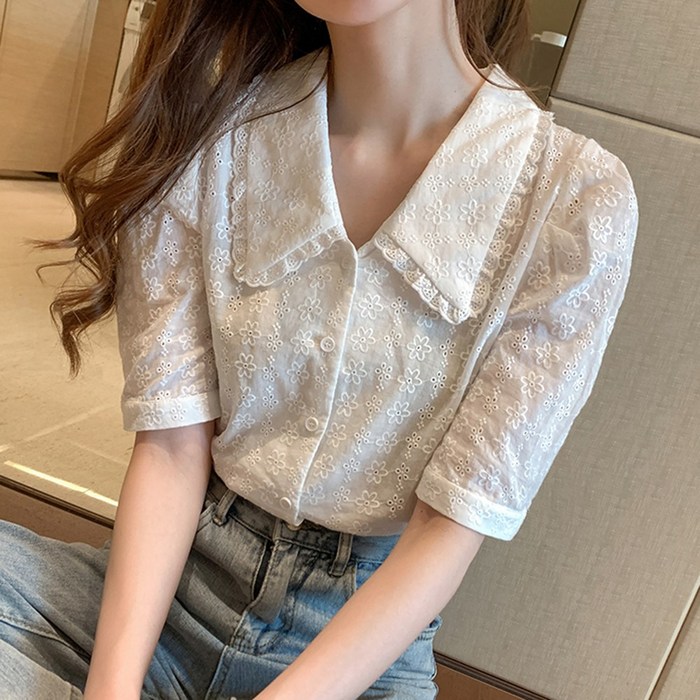 100202C 여성스러운 빅카라 레이스 5부반팔 블라우스 대표 이미지 - 반팔 블라우스 추천