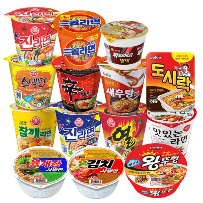 소컵라면 14종(진매+진순+참깨+열+스낵)+(신라면+육개장사발+김치사발+짜파게티범벅+새우탕)+미니왕뚜껑+도시락+맛있는라면+삼양라면, 1세트 대표 이미지 - 오뚜기 컵라면 추천