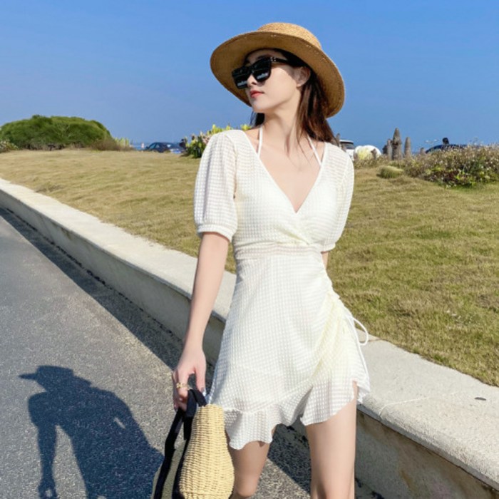 MDIV 와플 셔링 랩 브이넥 원피스 모노키니 수영복, 아이보리 대표 이미지 - 비키니 원피스 추천