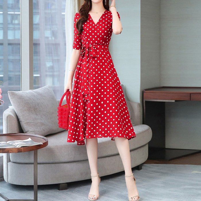 다이뻐 리틀깽스 44~66 브이넥 빨강 레드 허리 리본 클래식 도트 땡땡이 a라인 플레어 원피스 대표 이미지 - 땡땡이 원피스 추천