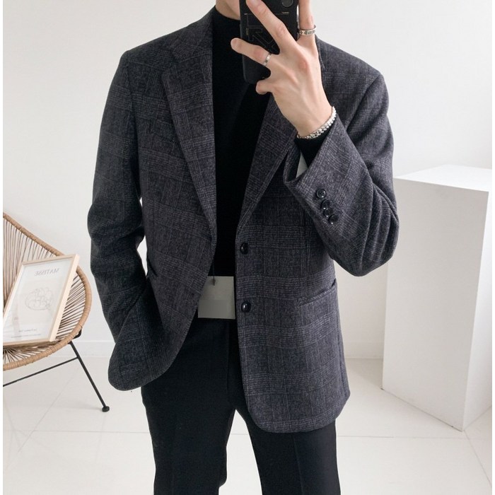 남자 겨울 체크 울 캐시미어 스판 블레이저 싱글 자켓(3color) 대표 이미지 - 남자 울 자켓 추천