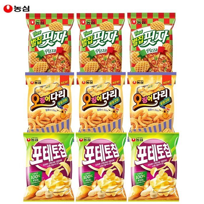 농심 오징어다리 달달구이 75g + 벌집핏자 90g + 포테토칩 사워크림 어니언 60g 3종X3개 과자 묶음, 9개 대표 이미지 - 사워크림 추천